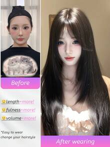 SHUDUO 1 件合成耐热直发假发，黑棕色，中分，纤维制成，适合日常使用，自然逼真（不含配件） - Dark Brown - 查看 5