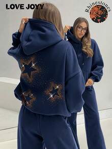 Áo hoodie/áo nỉ nữ LOVE JOYY dáng rộng, thời trang, đính đá lấp lánh. - Màu xanh hải quân - Xem 1