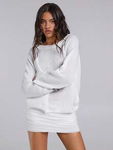 TypaGal Winter Fall Modern Chic New Year Party Retro Elegant Sexy Street Minimalist White Solid Color Asymmetrical Neck Casual Versatile Long Sleeve Pullover Sweater,Off The Shoulder Sweater In Fall/Winter - White - View 5