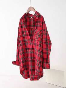 女士休闲格子法兰绒衬衫，秋冬季 - 紅色 - 查看 4