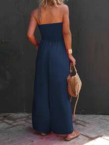 Womens Strapless Smocked Wide Leg Jumpsuit Sleeveless Casual Summer Chiffon Romper With Pockets - Màu xanh hải quân - Xem 3