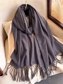 1pc Women's Black Thickened Plush Wool Double-Sided Imitated Cashmere Scarf, Elegant And Fashionable, Couple Shawl Scarf, Versatile And Warm, Suitable For Daily Use In Autumn And Winter