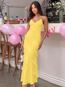 Women's Backless Bodycon Spaghetti Strap Elegant Ruffle Maxi Cocktail Party Dresses, 2025 QMO3 - 黃色 - 查看 4