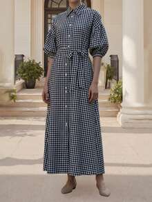 Women's Christmas Plaid Maxi Dress Lapel Collar Short Puff Sleeve Button Down Belted A-Line Dress Fall Winter Party Holiday Clothes - 黑色 - 查看 3
