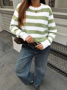 Women's Casual Loose Fit Contrast Color Striped Oversized Sweater, Autumn/Winter