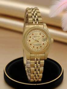 PROKING 1pc Women's Stainless Steel Gold-Tone Case & Band Business Fashion Red Crystal Quartz Watch, Elegant & Luxury, Suitable For Daily Decoration, Birthday Gift - Gold - View 2