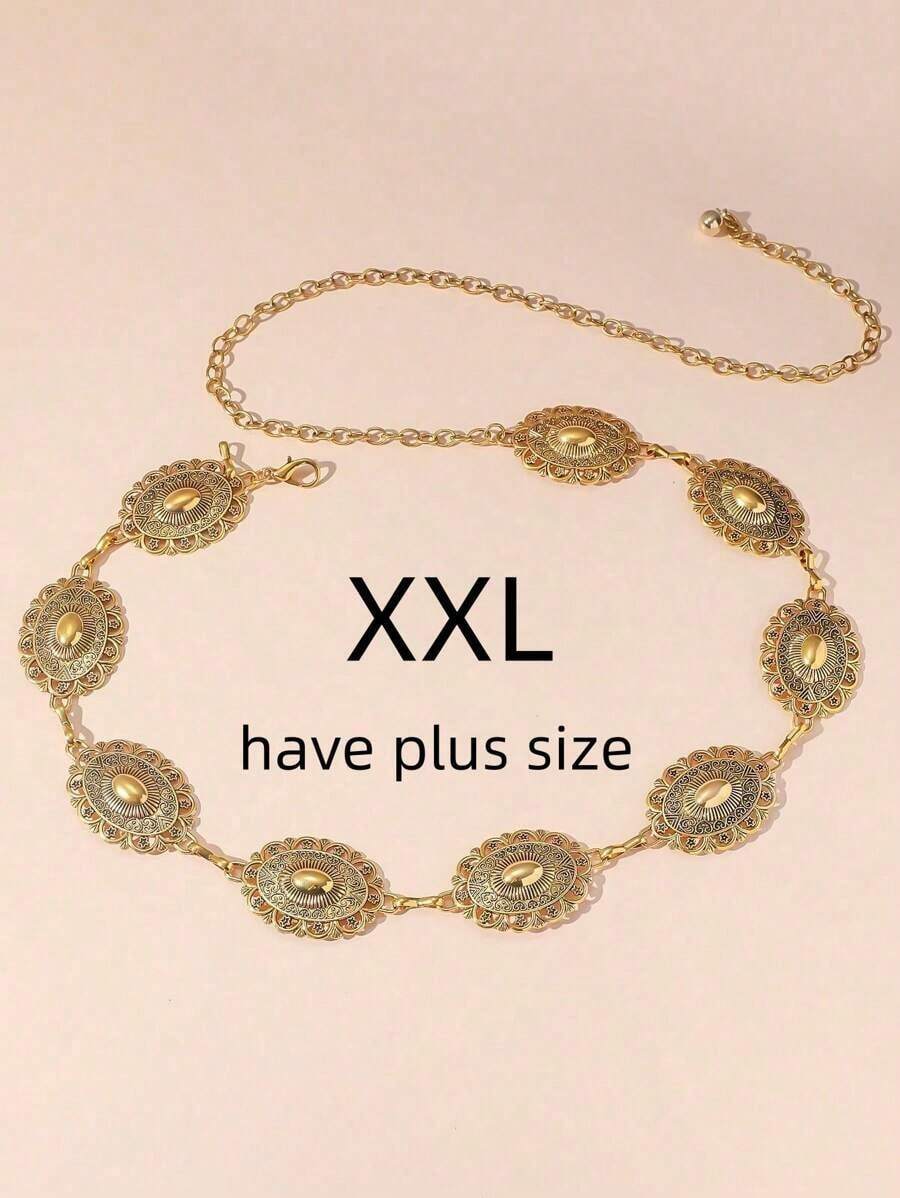 1pc Oversize/Plus Size Western Style Belt, Material Women's Waist Belt/Chain, Bohemian Vintage Floral Engraved Matte Black Textured Metal Waist Chain, Suitable Pairing With Western Jeans, Casual, Beach, Party, Festival, XXL Size, New Year - 金子 - 查看 1
