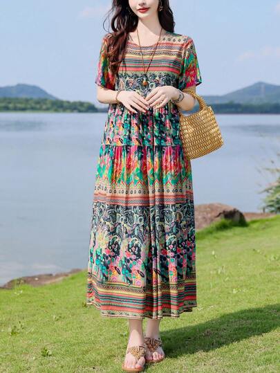 FANMUER Bohemian Style Floral Print Ruffle Hem Casual Elegant Summer Beach Dress For Women