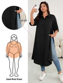 Shapeblank 大码女士苹果形身材冬季衬衫裙、黑色衬衫裙、高开衩长袖连衣裙、适合日常穿着的长袖衬衫裙、长袖连衣裙、机场装、女士休闲装、女士秋冬装 - 黑色 - 查看 1