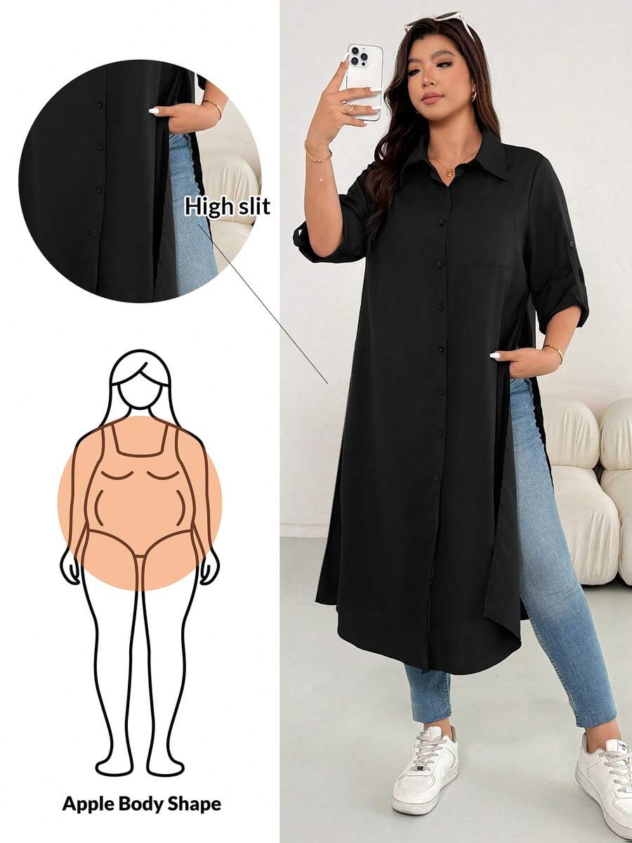 Shapeblank 大码女士苹果形身材冬季衬衫裙、黑色衬衫裙、高开衩长袖连衣裙、适合日常穿着的长袖衬衫裙、长袖连衣裙、机场装、女士休闲装、女士秋冬装 - 黑色 - 查看 1