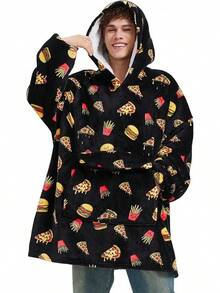 Glow In Dark Game Controller Wearable Blanket Hoodie Adult,Oversized Sherpa Fleece Blanket Hoodie Women Men,Gamer - Black Pizza - View 12