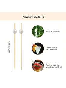 200pcs Cocktail Picks Appetizer Toothpicks Charcoal Accessories, Cocktail Picks For Beverages, Bamboo Toothpicks, Pearl Toothpicks, Suitable For Food, Fruit, Long Toothpicks - Pearl White - View 2