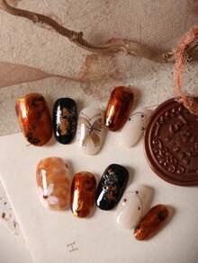 10片装亚克力美甲贴片，黑色、金色、亮棕色可选，蝴蝶花朵图案，短款，包含1张粘性贴片和1个迷你指甲锉。 - 彩色 - 查看 4