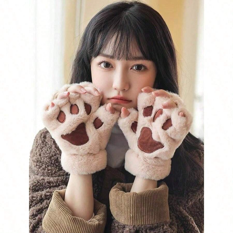 1 Pair Of Cute Cat Claw Fingerless Gloves, Thick, Warm, And Cold Resistant Plush Gloves, Suitable For Daily Use By Winter Girls, With A Rope - màu đen - Xem 1