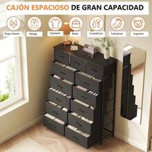 BURN Cómoda de 13 Cajones para Dormitorio, Cómoda de Tela con Tapa de Madera y Estructura de Acero, Mueble de Almacenamiento con Cajones de Tela para Dormitorio, Salón, Pasillo(Negro) - 1 - Ver 5