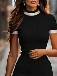 Ribbed Knit Contrast Trim Bodycon Dress - Black - View 3