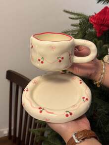 1pc/1set, Handpainted Cherry Ceramic Coffee Cup & Saucer, High-Quality Bowknot Cup & Saucer, French Asymmetrical Red Rimmed Coffee Cup, American Espresso Latte Cup, Dessert Plate, Fruit Plate, Office Mug, Home Water Cup, Breakfast Cup, Gift For Girls - Multicolor - View 2