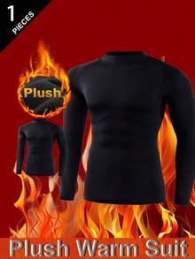 1 pieza Ropa interior térmica para hombre, forrada de térmico, gruesa, unicolor de cuello redondo de manga larga, adecuada para clima frío, actividades al aire libre, esquí, invierno - Negro - Ver 5