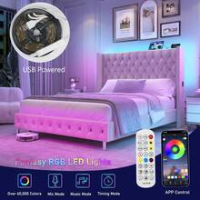 Queen LED Upholstered Bed Frame With Wingback Headboard, Velvet Diamond Button Tufted Bed Frame W/USB&Type-C Ports, Pocket And LED Lights, Wood Slats Support, No Box Spring Needed - 白色 - 查看 4
