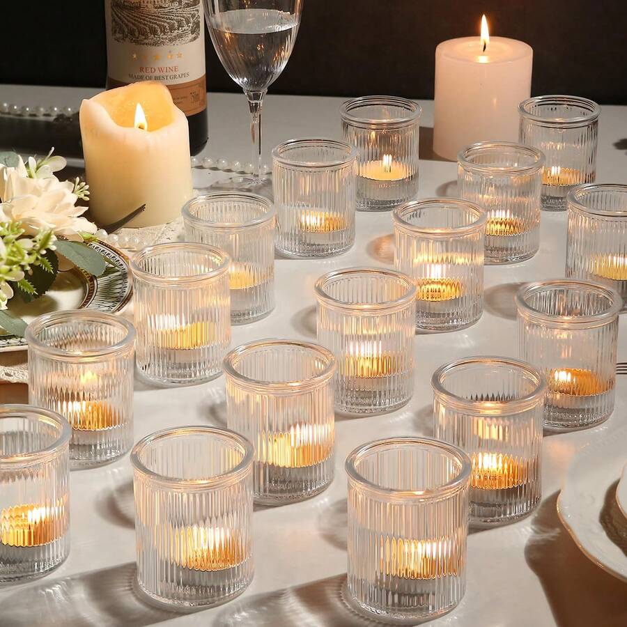 36 Transparent Glass Tealight Candle Holders, 2x2.5 Inch Striped Mini Votive Candles, Suitable For Wedding Table Decorations, Bulk Small Candle Holders, Ideal For Thanksgiving, Christmas, Wedding Party Decorations - trong suốt - Xem 1