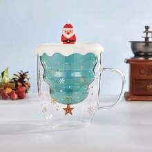 1 件创意双层隔热圣诞树杯带盖，高硼硅玻璃杯，圣诞礼物 - 彩色 - 查看 2