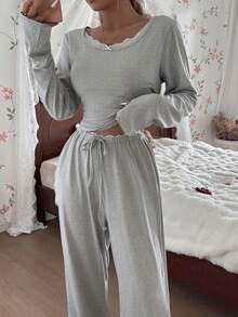 Nina Bonheur 2pcs Women Lace Patchwork Long Sleeve Top + Elastic Waist Pants Cute Pajama Set - Grey - View 5