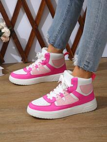BAOLIANGXIONG Pink Color Casual Student Sneakers, Sport Shoes ,Women's Casual Sports Shoes, Fashionable Sneakers With Thick Soles, Low-Cut Lace-Up White Pink Shoes, Outdoor Shoes - 白玫紅粉高幫 - 查看 7