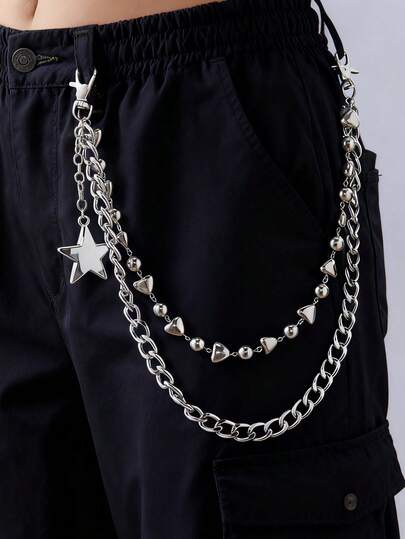 1 pieza Cadena de cintura con decoración de cristal, estrella y corazón con tachuelas de estilo punk y callejero, adecuada para hombres y mujeres para usar en festivales de música, reuniones callejeras, atuendos (color aleatorio)