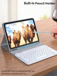 适用于 iPad 的无线键盘保护套，可拆卸皮革保护套带笔槽，支持自动睡眠/唤醒功能，可拆卸无线蓝牙键盘内置 150mAh 电池，纤薄轻巧支架式保护套 - 浅灰色