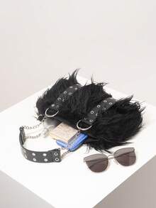 女士单肩包，毛绒钱包，金属链条，拼接设计，金属孔眼，个性化定制，街头风，Y2K风格，朋克摇滚，哥特风，秋冬款，日常通勤，购物必备，多功能（图案随机） - 黑色 - 查看 7
