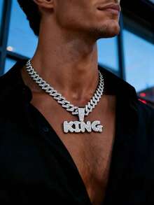 1 件欧美品牌“GANG”英文字母水钻吊坠项链，嘻哈男士日常配饰