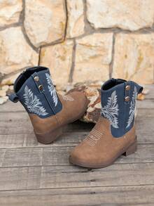 Children's Vintage Casual Embroidered Square Toe Boots, Suitable For All Seasons - Blue - View 5