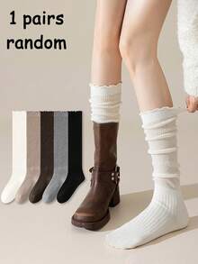 1/5 Đôi tất nữ thu/đông, kiểu Hàn Quốc đơn giản, viền bèo nhún màu trơn, dài đến bắp chân, đa năng cho phong cách Y2K, kết hợp với bốt đi xe, tất ấm áp - Nhiều màu - Xem 9
