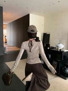 新款韩版露背假分体长袖T恤，绝佳打底衫，女士春季针织T恤 - 咖啡棕 - 查看 6