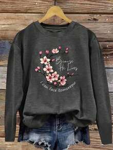 Women'S Long Sleeve T-Shirt - Soft Everyday Christian Faith-Based Top With "Because He Lives I Can Face Tomorrow" Bible Verse, Dark Grey & Pink Floral Graphic Tee For Church, Casual Outfits - All-Season Comfort Fit Shirt, Church Clothes, Faithinspired Clothing, Round Neckline Shirt, Skinfriendly Fabric, Comfortable Fit, Spring Summer Top, Geometric Print, Lightweight Material, Faithinspired - 灰色 - 查看 1