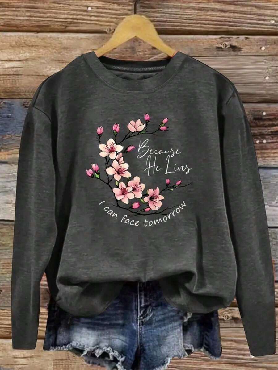 Women'S Long Sleeve T-Shirt - Soft Everyday Christian Faith-Based Top With "Because He Lives I Can Face Tomorrow" Bible Verse, Dark Grey & Pink Floral Graphic Tee For Church, Casual Outfits - All-Season Comfort Fit Shirt, Church Clothes, Faithinspired Clothing, Round Neckline Shirt, Skinfriendly Fabric, Comfortable Fit, Spring Summer Top, Geometric Print, Lightweight Material, Faithinspired - 灰色 - 查看 1