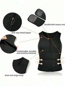 1 pieza Chaleco entrenador de cintura con cremallera de neopreno para hombres, top de tanque de sauna con forma negra, chaleco moldeador para hombres, top de tanque de fitness transpirable con doble cinturón de cintura