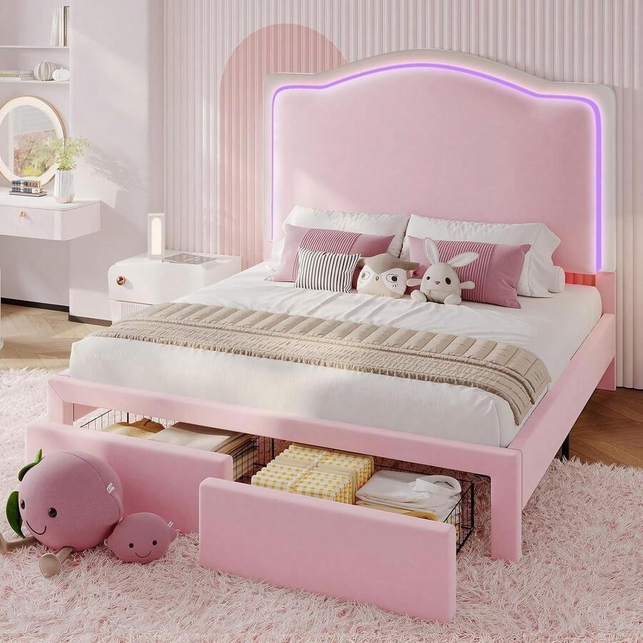 Twin/Full/Queen Bed Frame With LED Light And Storage Drawer, Upholstered Design With Adjustable Headboard, Easy Assembly, Noise-Free, No Box Spring Needed - 粉色 - 查看 1