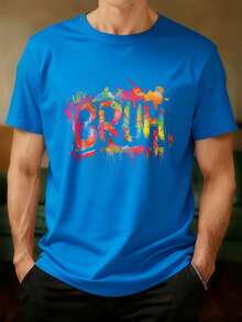 Camiseta de Manga Corta Negra con Estampado de Graffiti BRUH Colorido - Ideal para Uso Diario y Estilo Urbano - Azul - Ver 6