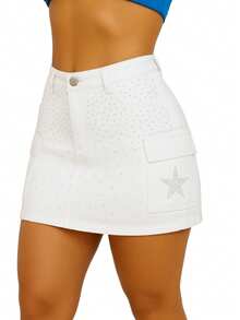 Saia Cargo Feminina com Brilho de Strass Estrela - Branco - Visão 1