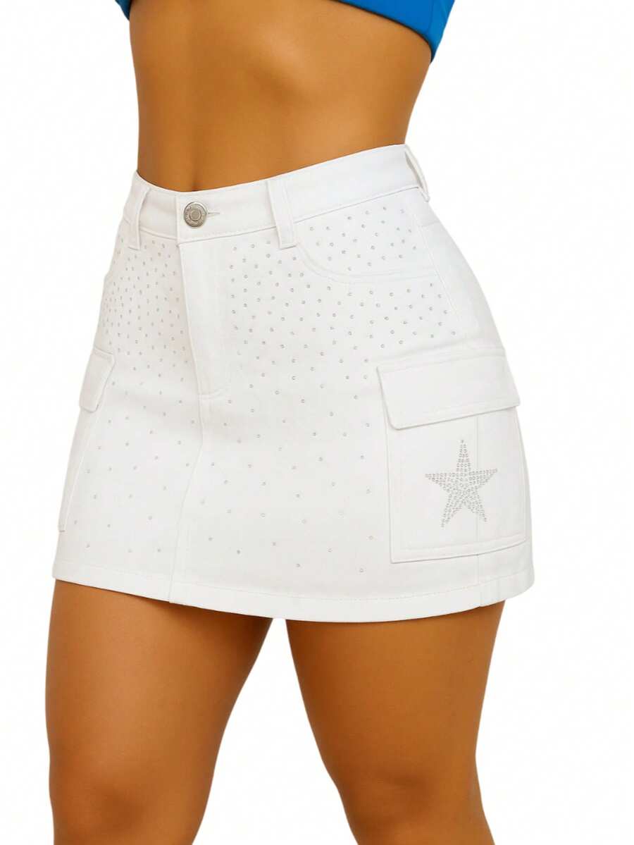 Saia Cargo Feminina com Brilho de Strass Estrela - Branco - Visão 1