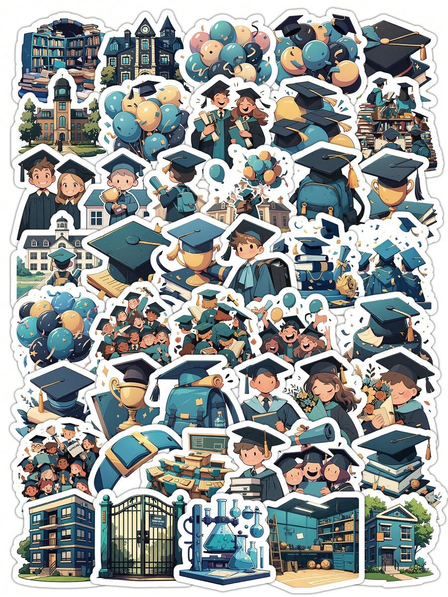 55 PCS Graduation Theme Stickers, Cute Cap Gown & Campus Designs With ...