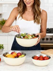 Powcan Stainless Steel Mixing Bowl Set, 3-Piece Nesting Bowls For Cooking, Baking, Salad, And Meal Prep | Stackable Design, Easy To Clean, Durable And Versatile For Kitchen Use - Off-white-3-piece Set - View 8