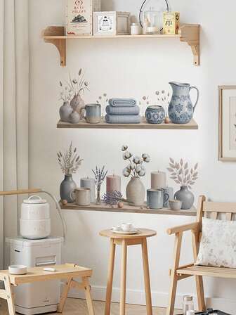 1pc Blue Flower Pot Partition Decal, Kitchen Cabinet Jar Sticker, Cute Cotton Cloud Wall Decal, Aesthetic Room Decor For Home OrganizationAesthetic Cloud & Plant Partition Sticker - Adhesive Decal For Organizing Kitchen Shelves & Jars, Cute Blue Themed Room Wall Decor