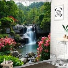 1pc Japanese Garden Waterfall Azalea Pond Shower Curtain Tranquil Flowing Water Rich Leaves 70.8x 70.8inch With - Nhiều màu - Xem 8