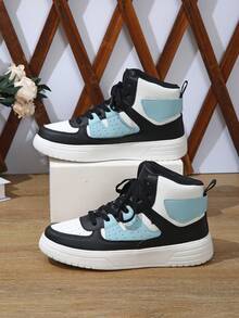 BAOLIANGXIONG Color Block Casual Student Sneakers, Sport Shoes Women's Casual Sports Shoes, Fashionable Sneakers With Thick Soles, Low-Cut Lace-Up White Black Blue Shoes, Outdoor Shoes - Giày cao cổ White Black Moon - Xem 6