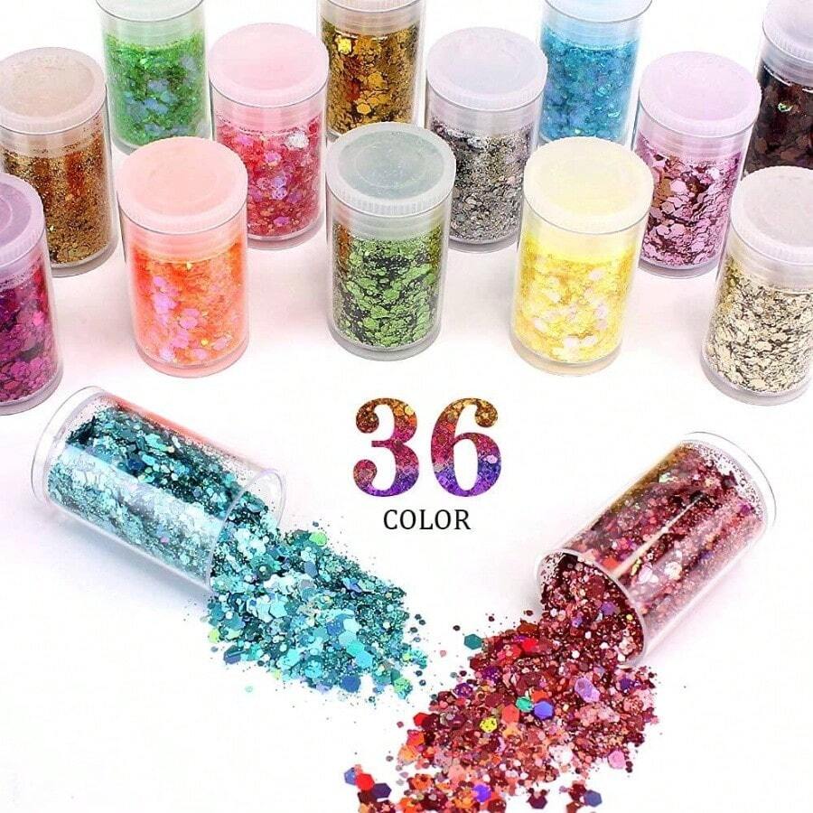 Holographic Chunky Sequins 12 Colors Mixed Laser Cosmetic Glitter Face, Body, Eye, Hair, Nail Art, Lip Gloss - Festival Glitter With Different Hexagon Sizes Metallic Mix - 36 塊狀閃光 A - 查看 1