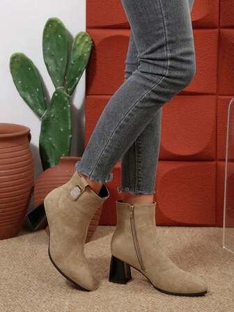 Women's Pointed Toe Fashion High Heel Boots, Solid Color Commuter Side Zipper Ankle Boots, High Heel Chunky Heel Office Party Autumn/Winter Short Boots, Boots