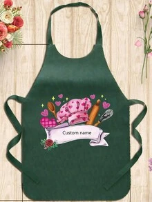 Personalized Custom Unisex Polyester Apron ,Customized Name Disposable Apron ,Custom Text Personalized Apron ,Custom Apron With Text ,Pink Chef Theme With Kitchen Utensils, Hearts & Stars Print, Durable Polyester Sleeveless Neck Strap