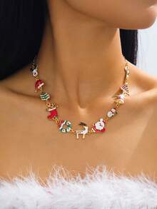 1 件圣诞合金珐琅圣诞树、驯鹿、雪花简约项链，适合女性、日常佩戴和节日礼物 - 金色 - 查看 7